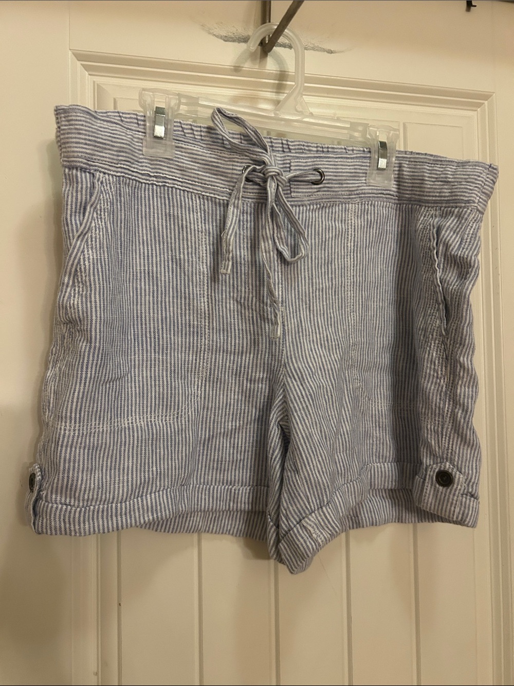 Per Se M Striped Blue linen Drawstring Women’s Shorts